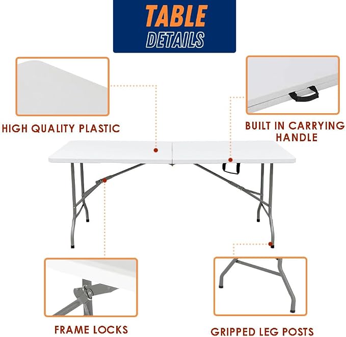 8FT Folding Table Indoor Outdoor Heavy Duty Portable Folding Plastic Dining Table w/Handle, Lock for Picnic, Party, Camping - White
