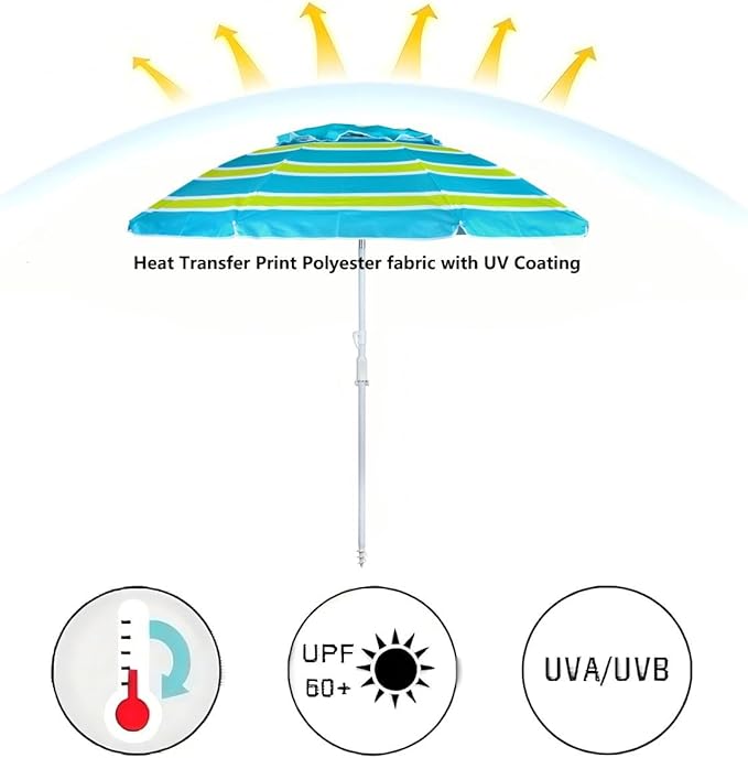 Beach Umbrella, 7ft Umbrella with Sand Anchor & Tilt Pole, Portable UV 50+ Protection Wind Vent Canopy Carry Bag, CA1601