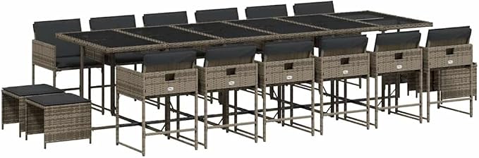 17 Piece Patio Dining Set, Outdoor PE Rattan Furniture for Garden, Backyard, and Patio, 16-Seater Table and Chair Cube Seating with Comfortable Cushions, Grey
