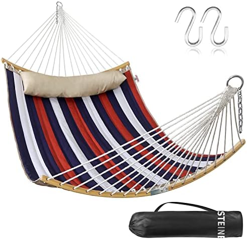2 Person Hammock with Hanging Kits, Quilted Hammock for Tree with 2 Pcs Heavy Duty Stainless Steel S Hooks, 1 Detachable Pillow, Curved Spreader Bar,Chains, Carrying Bag,450 LBS Capacity