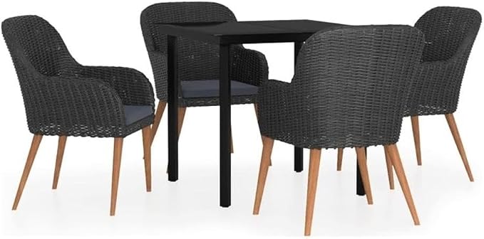 BOWERY HILL 5-Piece Patio Dining Set, 31.5 in Square Table with 4 Chairs, Black Poly Rattan and Powder-Coated Steel, Removable Cushions, Compact Weather-Resistant Garden Furniture for Outdoor Terrace