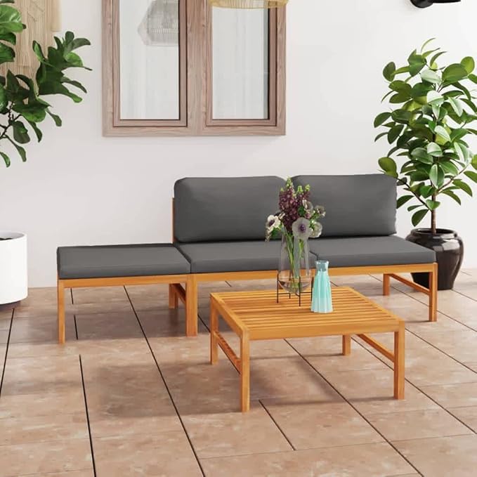 4 Piece Patio Lounge Set with Gray Cushions,Patio Sofa,Outdoor Daybed,Patio Seating,Outdoor Furniture Sets,Modern Set,Outdoor Patio Chairs,Patio Conversation Sets,for Backyard,Garden, Solid Teak Wood