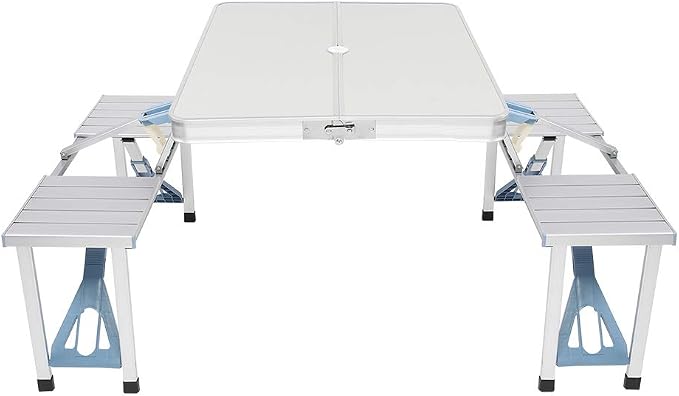4FT Portable Folding Camping Picnic Table with Seats Chairs and Umbrella Hole, Lightweight Compact Aluminum Outdoor Camping Patio Fold Up Card Suitcase Table with Carry Handle
