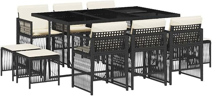 10-Seater Black Garden Dining Set with Poly Rattan and Cushioned Chairs, Foldable Rectangular Table for Outdoor Patio Gatherings