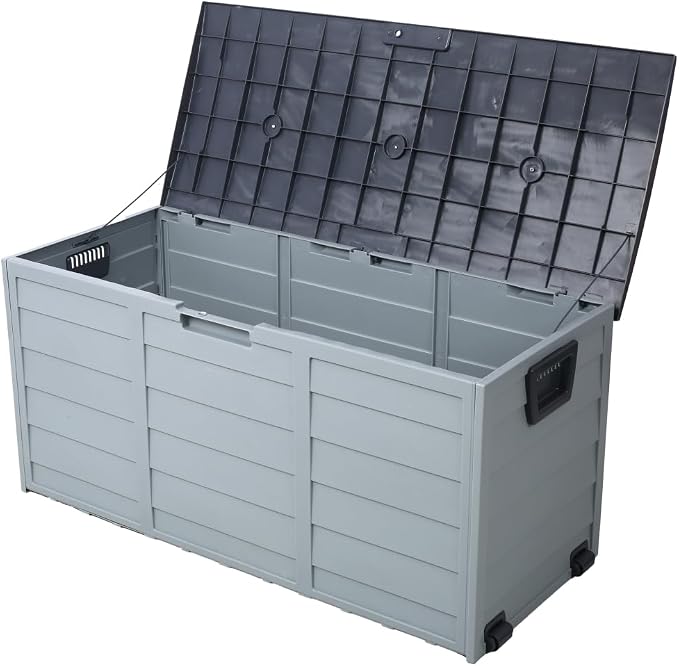 Large Outdoor Deck Box Storage bench for Patio, Backyard or Garden - Durable Weather-Resistant Resin with Wheels and Handles