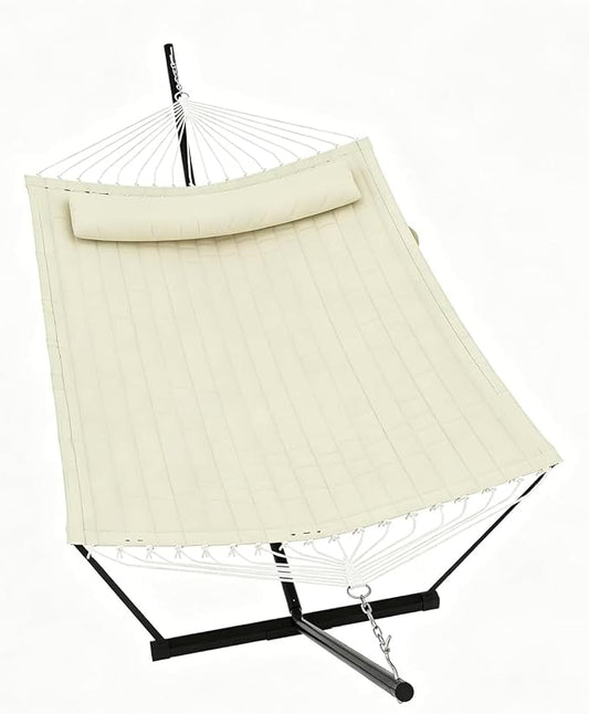 Double Hammock with Stand and Pillow – Heavy Duty Outdoor, Supports 450 Lbs, Balance Rope Included, for Backyard, Patio, and Camping, Off White