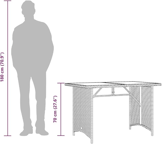 vidaXL Patio Table with Glass Top, Garden Dining Table with Steel Frame, Rectangular Outdoor Furniture, Modern Style, Black Poly Rattan
