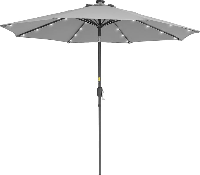 9ft Patio Umbrella Outdoor with Solar Lights,32 LED Lighted Table Market Umbrella with Tilt and Crank, 2-Year-Non-Fading, 8 Sturdy Ribs,for Pool, Deck, Garden,Backyard
