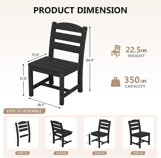 KINGYES 8-Piece HDPE Outdoor Dining Set for 6, Square Patio Table & Armless Chairs with Umbrella Hole, All-Weather Patio Dining Set for Backyard, Garden, Lawn & Poolside, Black