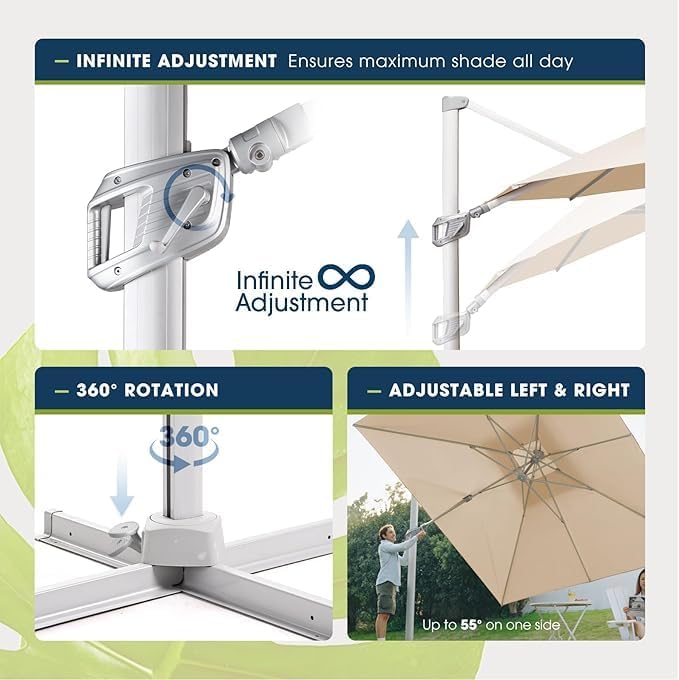 wikiwiki 12FT Cantilever Patio Umbrella, Offset Umbrella Outdoor Patio with 360° Rotation and Unlimited Tilting System, Heavy Duty Large Umbrella with Cross Base, Beige