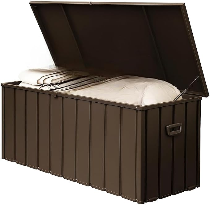 LuckyNote】190 Gallon Metal Deck Box, Waterproof Steel Outdoor Box, Large Patio Furniture Storage Cabinet, Lockable Storage Bench for Porch Package Delivery,Pool, Tools, Backyard (Dark Brown)