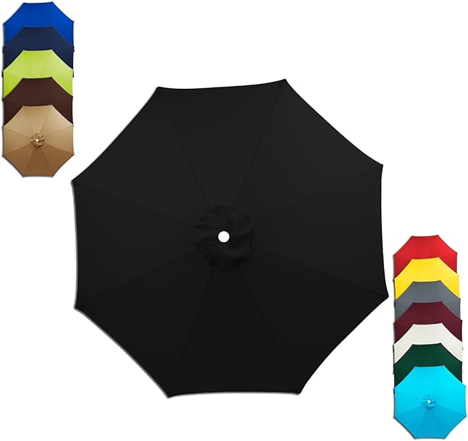 6/8 Ribs Patio Umbrella Replacement Canopy 6.5ft 7.5ft 8.2ft 8.9ft 9.8ft 11.5ft Waterproof UV Protective Replacement Parasol Fabric Cover for Garden Outdoor(Black,9.8ft/6ribs)