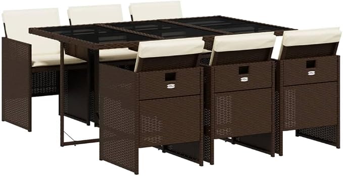 7 Piece Patio Dining Set with Cushions Brown Poly Rattan Outdoor Table and 6 Folding Chairs for Garden Backyard Dining, Tempered Glass UV-Proof, Removable Washable Cushion Covers, 242. 5 lb Capacity