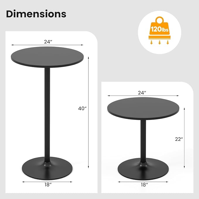 ERGOMASTER Cocktail Table,Two-in-one Modern Style Standing Circular Bar Table 40"/22" Two Convertible Height Suitable for Dining Room, Restaurant, Kitchen (4, Black)