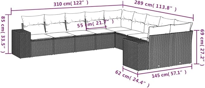 10 Piece Patio Sofa Set with Cushions, Patio Conversation Set Outdoor Sofa Sets Porch Furniture Set Garden Lounge Set for Piazza Negotiation Area Exhibition Poolside Black Poly Rattan
