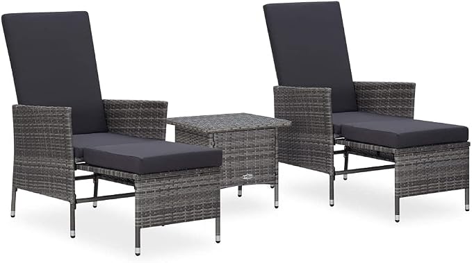 3-Piece Garden Lounge Set, Grey PE Rattan Outdoor Patio Furniture with Foldable Backrests and Cushions, 2-Person Seating Conversation Set for Balcony, Terrace and Backyard