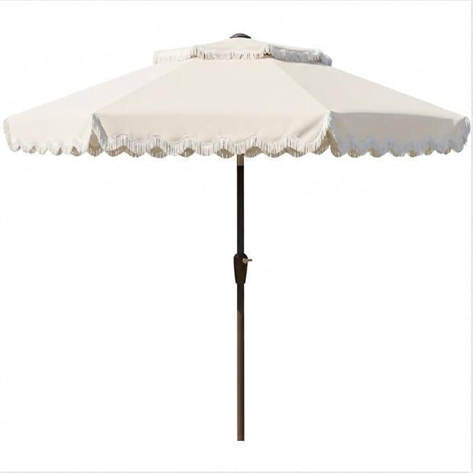 9FT Patio Umbrella with Fringe,Tassel Umbrella with Push-Button Tilt | UPF 50+ & Rust-Resistant Fiberglass Frame for Patio, Pool,Garden,YardCreamy-white