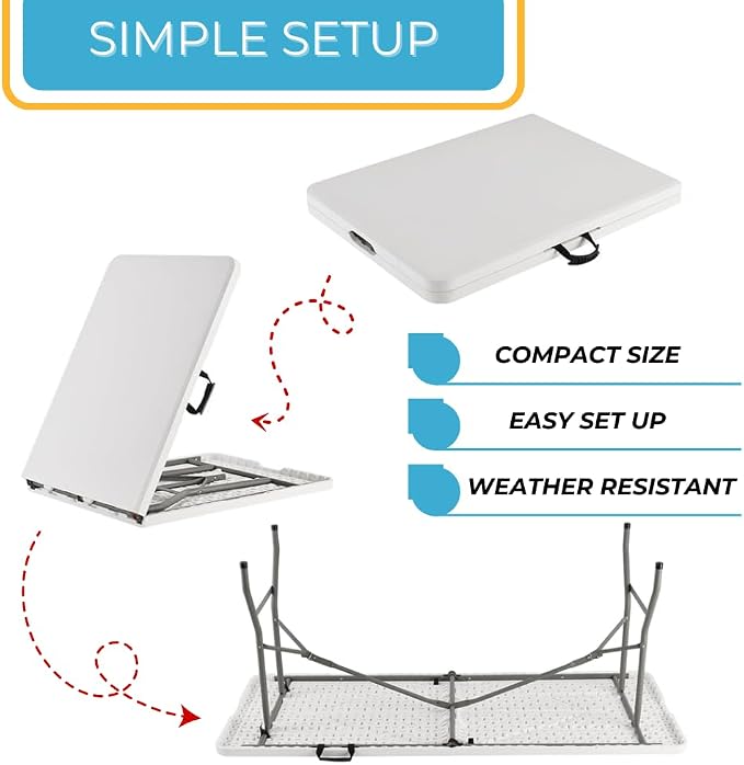 Ezone 8ft Indoor Outdoor Heavy Duty Portable Folding Plastic Dining Table w/Handle, Lock for Picnic, Party, Camping - White (8 Ft)