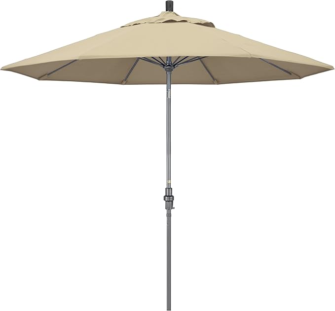 California Umbrella 9' Rd. Crank Lift, Collar Tilt, Aluminum Pole, Fiberglass Rib Patio Umbrella, Hammertone Grey Finish, Sunbrella Antique Beige