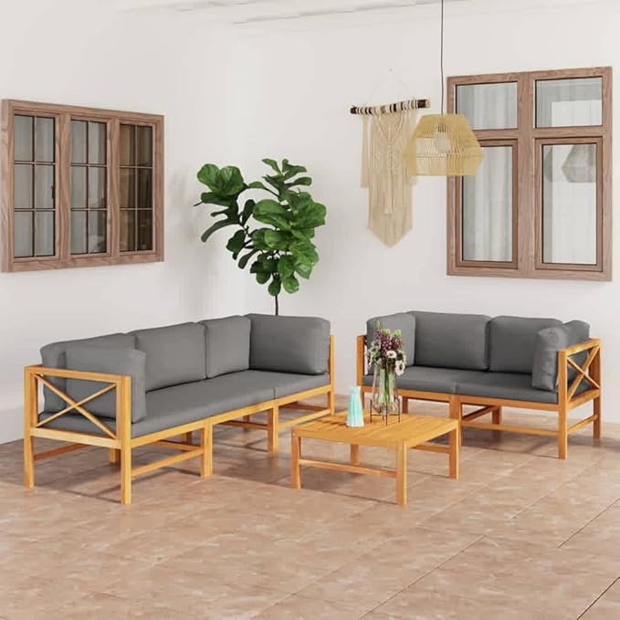 Patio Lounge Set with Gray Cushions,Patio Furniture Sets,Patio Conversation Sets,Outdoor Furniture Sets,for Garden,Backyard,Outdoor,6 Piece Solid Teak Wood