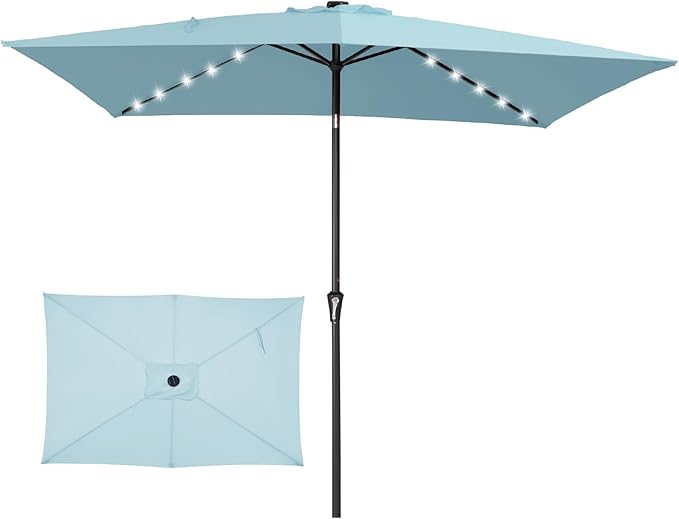 JEAREY 6.5x10 ft Rectangular LED Lighted Patio Umbrellas Outdoor Solar Table Market Umbrella w/Push Button Tilt/Crank, 6 Sturdy Ribs, UV Protection Waterproof Sunproof(Lake Blue)