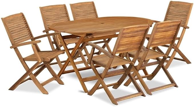 Pemberly Row Contemporary 7-Piece Patio Dining Set, Natural Oil Finish, Oval Table 59"L and 6 Foldable Chairs, Lightweight and Easy to Store, Outdoor Dining and Lounging Furniture for Patio or Garden