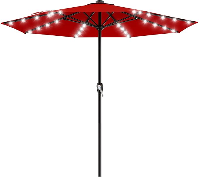 AreShark 12FT Large Patio Umbrella with Solar Lights, Solar Powered Outdoor Umbrella with Crank, Patio Table Market Umbrellas for Garden, Deck, Backyard, Pool and Beach, Red