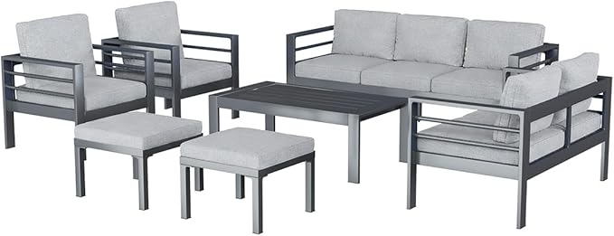 AECOJOY Aluminum Patio Furniture Set, 9 Seats Modern Outdoor Furniture with Coffee Table, 7 Pieces Metal Conversation Sectional Sofa, Light Gray