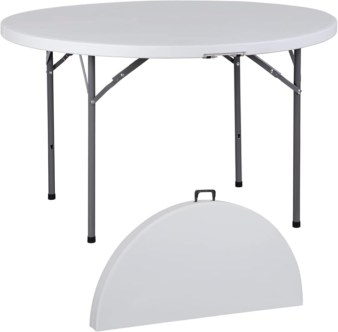 48 Inch Round Folding Table, Heavy Duty Folding 4FT Plastic Table for Outdoor Indoor, Metal Frame Thick Table Top Camping Picnic Table, White (48 inch)