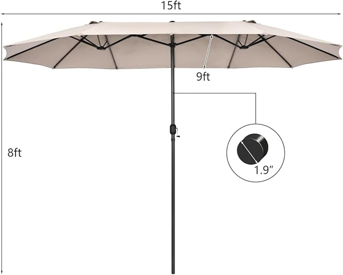 15ft Large Patio Umbrella with 3 Solar panels, 48 Solar LED Lights Base NOT Included, Outdoor Double-Sided Rectangle Market Umbrella with Crank Handle, Perfect for Pool, Lawn, and Garden (Pole Diameter 1.9 inch)