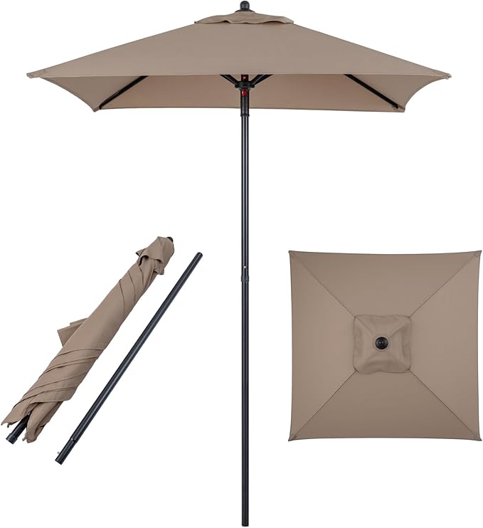 Tangkula 5 FT Patio Umbrella, Outdoor Table Market Umbrella with Quick-Release Button, 4 Sturdy Ribs, Fade Resistant & Waterproof Canopy, Sun-protective, for Garden, Poolside, Backyard (Tan)