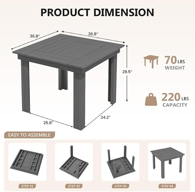 KINGYES 5-Piece HDPE Outdoor Dining Set for 4, Square Patio Table & Armless Chairs with Umbrella Hole, All-Weather Patio Dining Set for Backyard, Garden, Lawn & Poolside, Gray