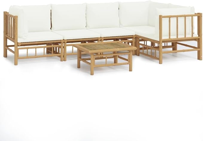 6 Piece Patio Lounge Set with Cream White Cushions, Porch Furniture Set Outdoor Dining Sets Sectional Sofa Patio Conversation Set for Piazza Poolside Garden Exhibition Bamboo