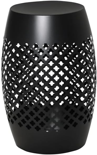 12.5" Metal Outdoor Side Table, Round Hollow Drum Patio End Table with Lattice Pattern, Modern Steel Accent Table for Garden, Balcony, Poolside and Indoor, No Assembly, Black, 18" H