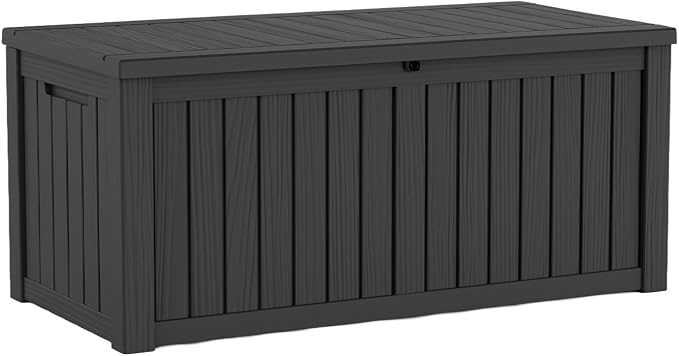 LAUSAINT HOME 150 Gallon Resin Deck Box with Hydraulic Pistons, Extra Large Waterproof Outdoor Storage Bench for Large Cushions, Heavy Duty Seating, Lockable Patio Bin for Pool and Garden (Black)