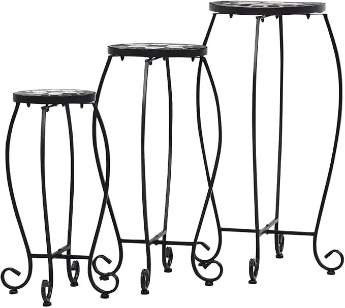 Set of 3 Mosaic Nesting Tables, Geometric Black Iron and Ceramic Side Tables for Living Room Patio Garden Indoor Outdoor Use, 27.6 Inch Tall