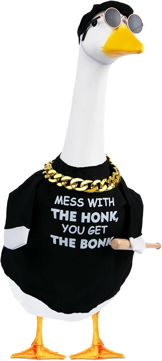 CAMDUCK 4 Pcs Porch Goose Outfit Glasses Gold Chain Mess with The Honk You Get The Bonk Warning Porch Sign Baseball Goose Clothes with Wood Bat for Cement Goose Statue Garden Lawn Outdoor Decor