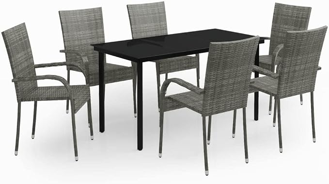 7 Piece Patio Dining Set Gray and Black Outdoor Rattan Table and Chairs with Cushioned Seat for Dining Lounge Garden Backyard