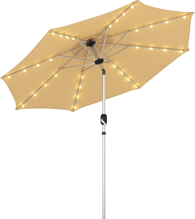 10FT 40-LED Solar Lighted Aluminum Patio Umbrella, Fade-Resistant Outdoor Market Table Umbrella with Push Button Tilt Function, 8 Sturdy All-Aluminum Ribs for Gardens, Decks, Backyards & Pools