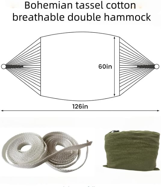 Boho Fringe Hammock with Carry Bag and 2 Tree Straps, 2 Person Fabric Hammock, 500 lb Capacity for Backyard, Porch, Patio, Camping, Indoor Outdoor Use