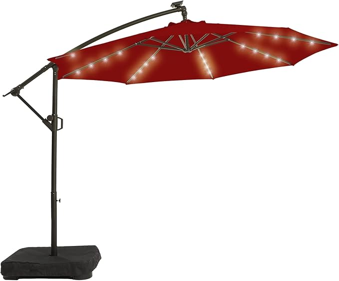 wikiwiki 10FT Solar Patio Offset Umbrella Outdoor Cantilever Umbrella Hanging Umbrellas with Weighted Base, Market Patio Umbrella for Backyard, Garden & Deck, Burgundy