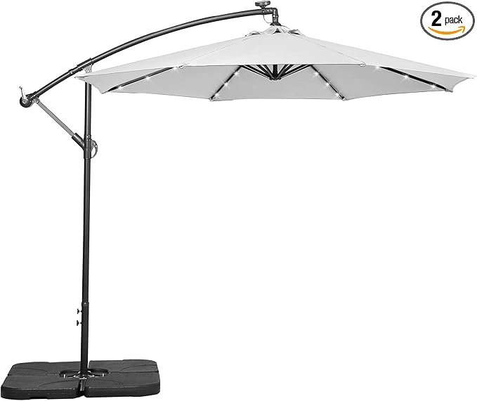 WO Home Furniture Patio LED Umbrella Set of 3 PCS 10ft Cantilever, Stand Kit, & 4 PCS Base Weights (White)