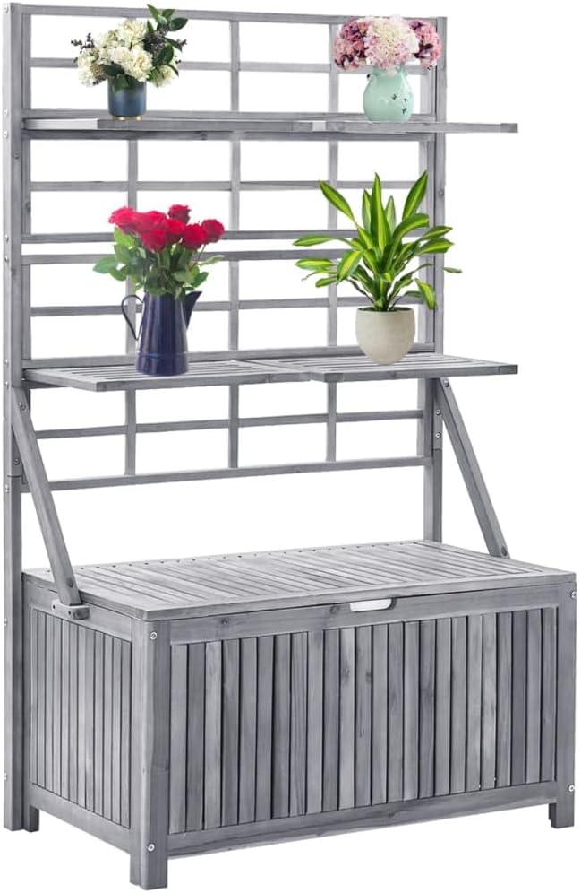 Wooden Storage Box with Trellis, Outdoor Storage Deck Box with Trellis,Patio Cabinet with Inner Bag, Storage Chest, Gray 39"x19.7"x63" Solid Wood Acacia