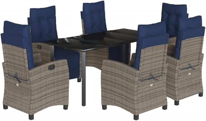 Backyard Furniture Patio Conversation Sets Outdoor Seating 7 Piece Patio Dining Set with Cushions Gray Poly Rattan Suitable for Gardens, Balconies, Decks