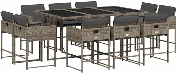 11 Piece Patio Dining Set Gray Poly Rattan with Cushions for Garden Backyard or Patio