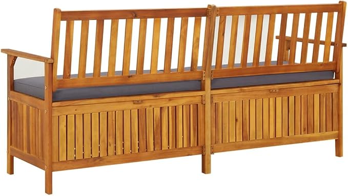Patio Storage Bench with Gray Cushion, Outdoor Wooden Deck Box, Solid Wood Patio Furniture for Outdoor Cushions, Pool Storage and Garden Tools, 66.9"x24.8"x33.1", -335