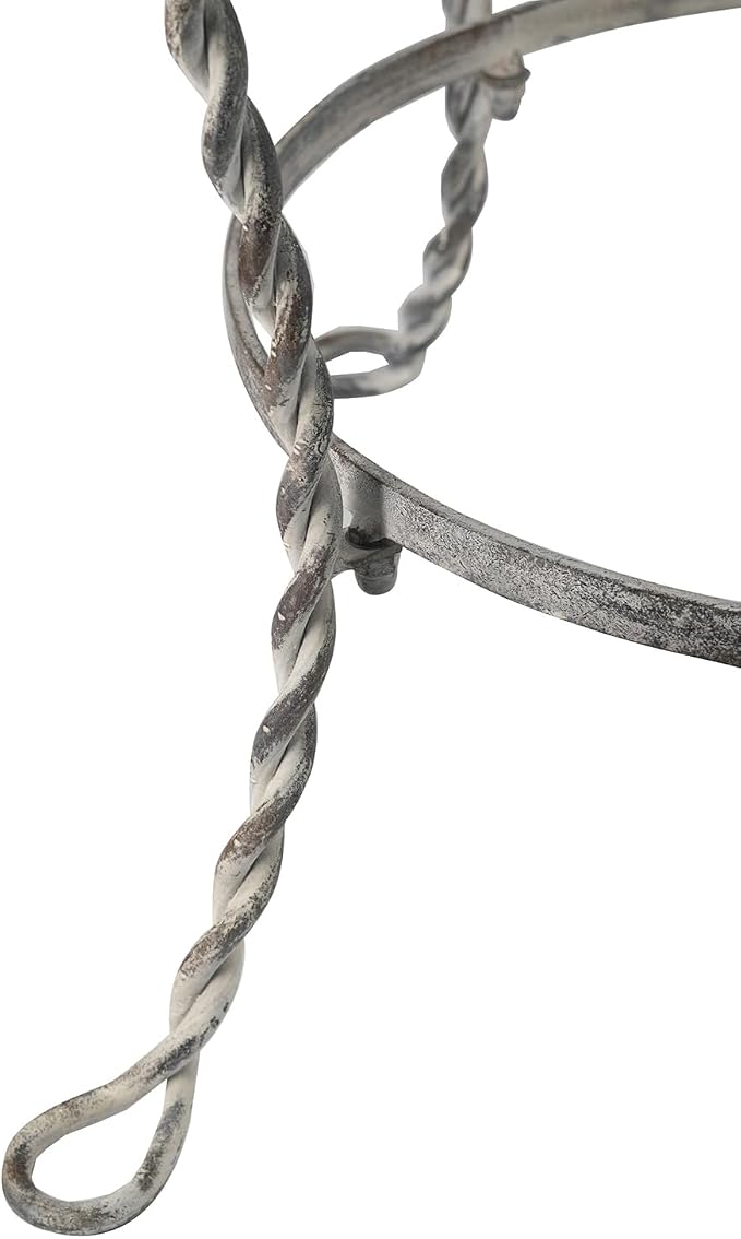 Heart Iron Side Table, Distressed Silver 26x26x30 in | Distressed silver iron, heart swirl design, twisted legs, round lower ring shelf, 2-tier, assembly required