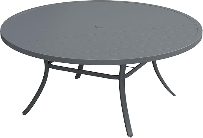 Patio Dining Table for 8-10, Round Metal Outdoor Table with 1.57" Umbrella Hole, 63" Outdoor Slat Tabletop Dining Table for Backyard, Porch, Lawn, Dark Grey