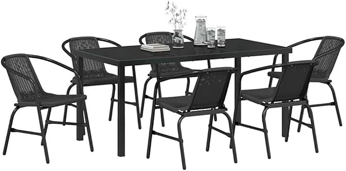 Afuera Living 7 Piece Poly Rattan Garden Dining Set, Black Powder-Coated Steel Frame, Tempered Glass Tabletop, Modern Outdoor Patio Dining Furniture for 6, Easy Assembly, Weather-Resistant
