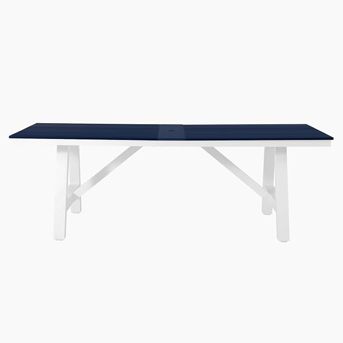 WestinTrends Cape May 90" HDPE Rectangle Outdoor Patio Dining Table with Umbrella Hole and Metal Frame, Navy Blue